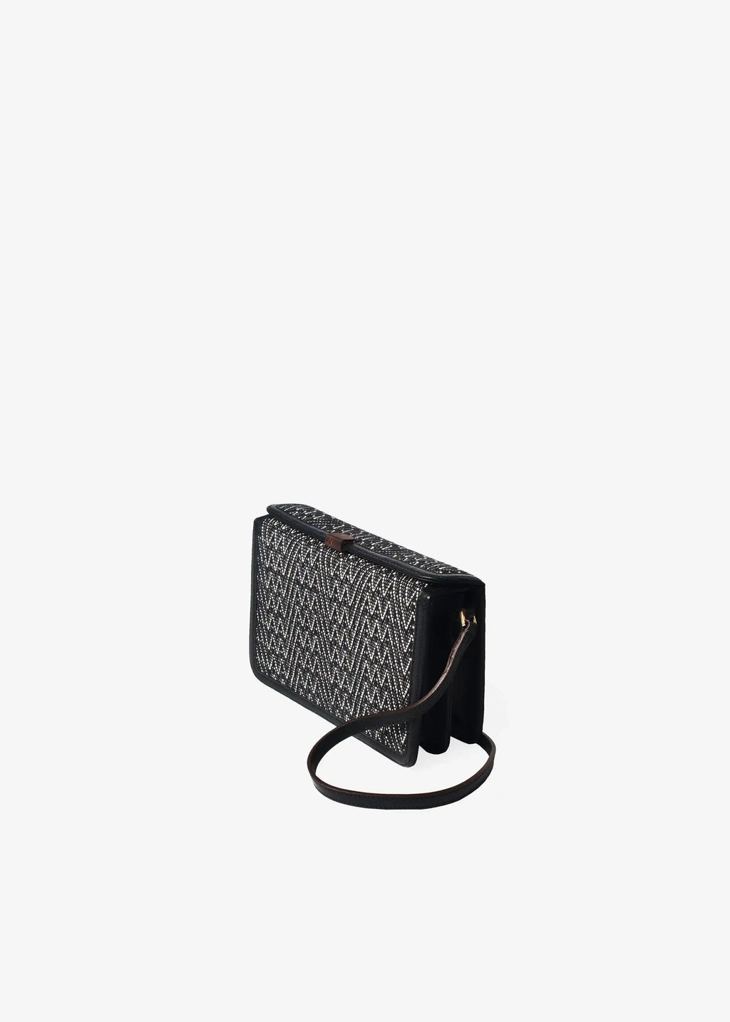 Zürich Peak Noir crossbody bag angled view — compact structured body with black nappa leather and rosewood closure