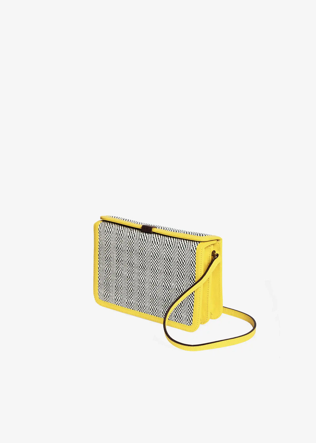 Zürich Rise Salt & Pepper crossbody bag angled view — compact structured body with yellow nappa leather and rosewood closure