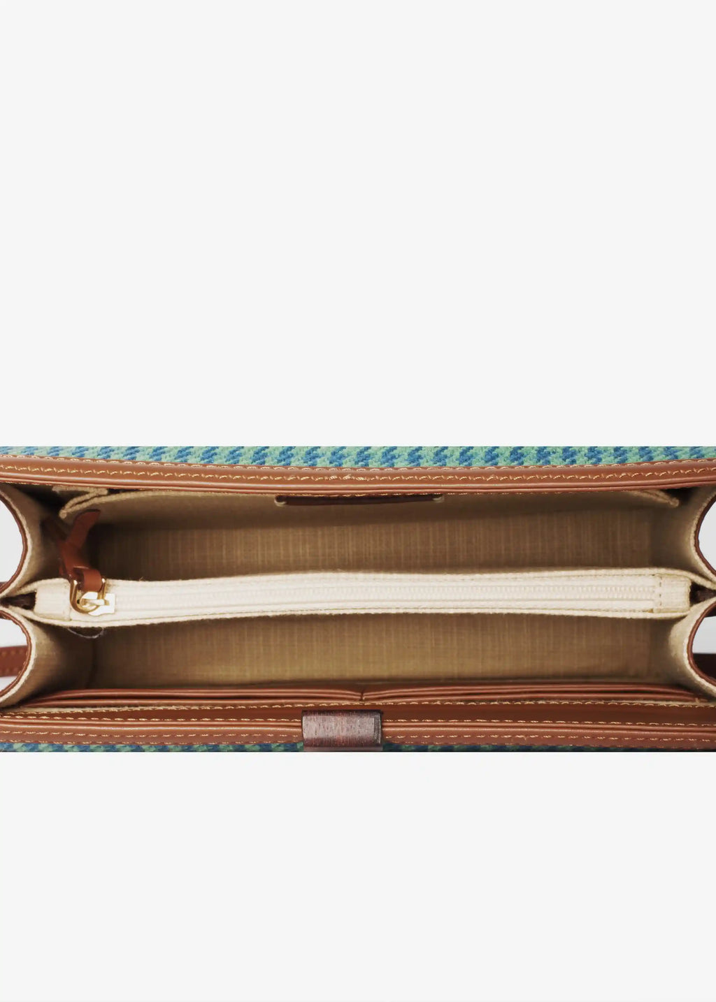 Zürich Sing Peacock bag interior showing 6-slot card panel, zipper pocket and open side pocket