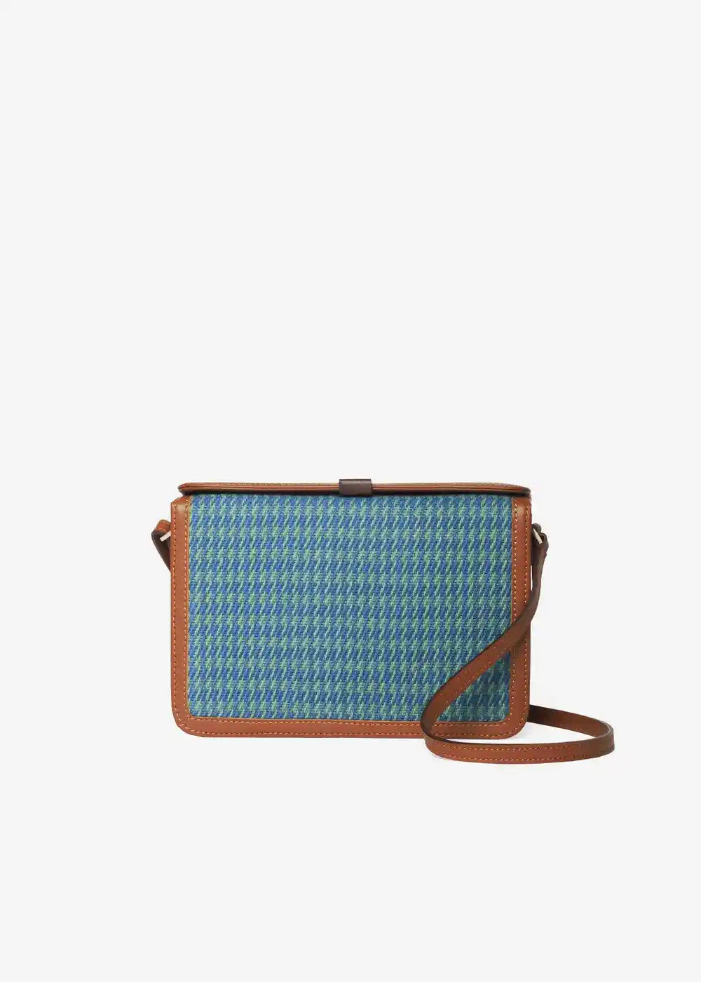 Zürich Sing Peacock crossbody bag front — handwoven cotton weave with brown nappa leather and reclaimed rosewood tab closure