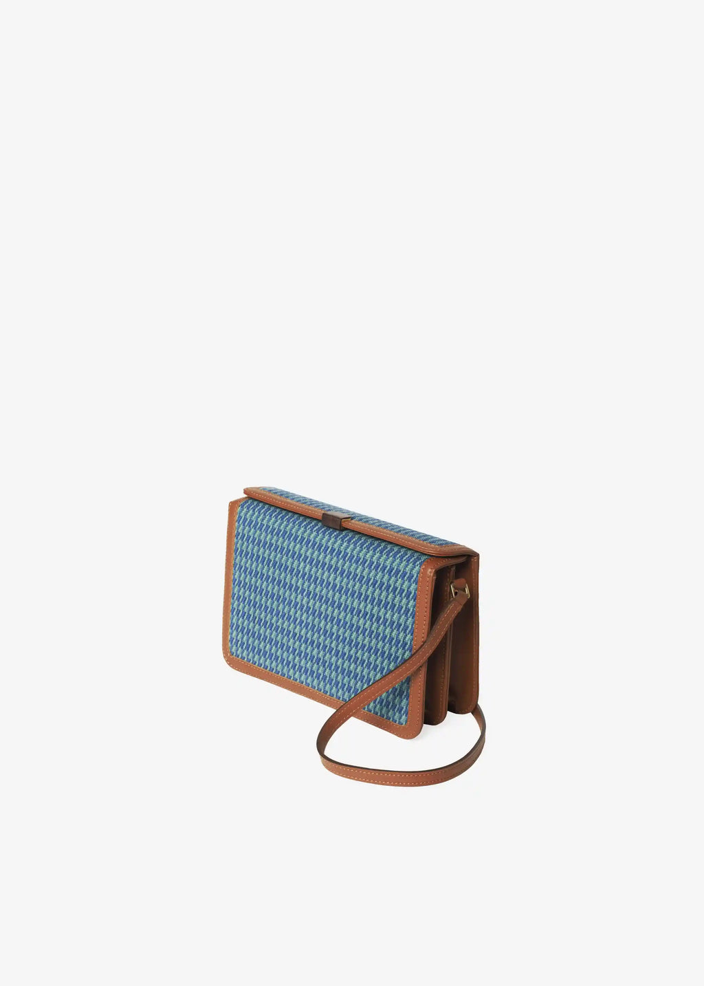 Zürich Sing Peacock crossbody bag angled view — compact structured body with brown nappa leather and rosewood closure