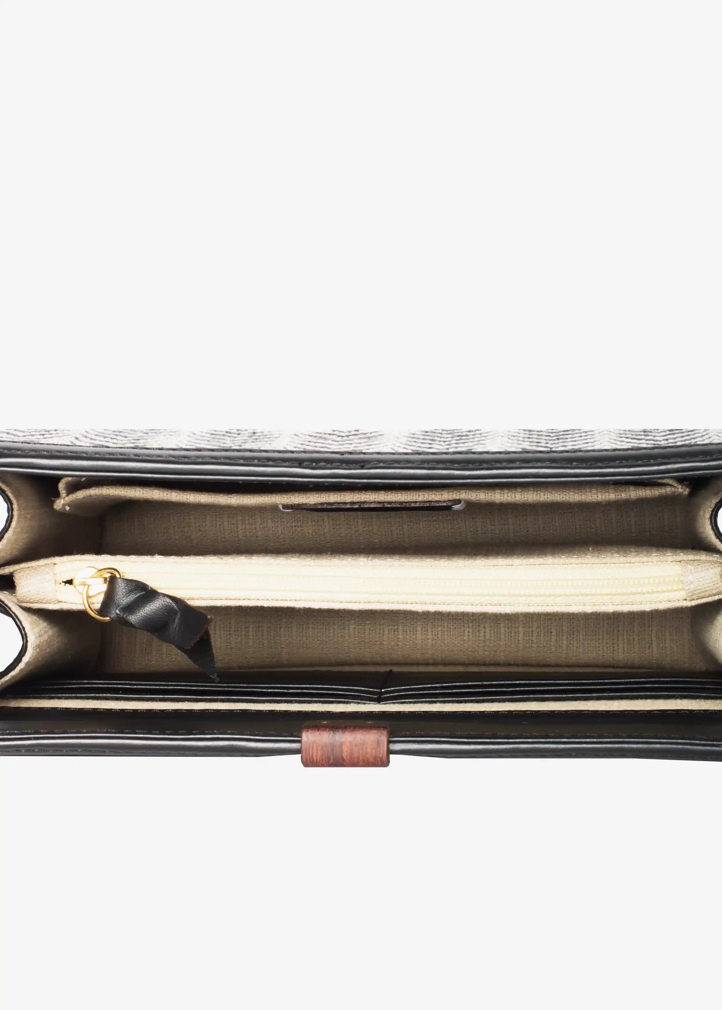 Zürich Sizzle Salt & Pepper bag interior showing 6-slot card panel, zipper pocket and open side pocket