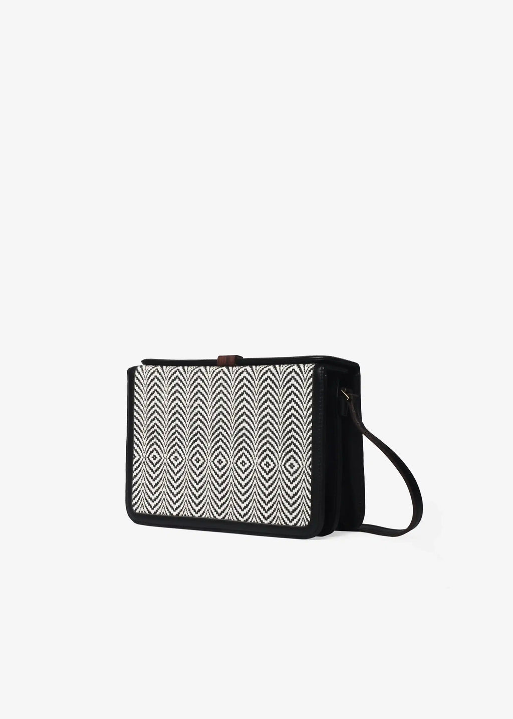 Zürich Sizzle Salt & Pepper crossbody bag perspective 3/4 view — handwoven cotton weave with black nappa leather trim