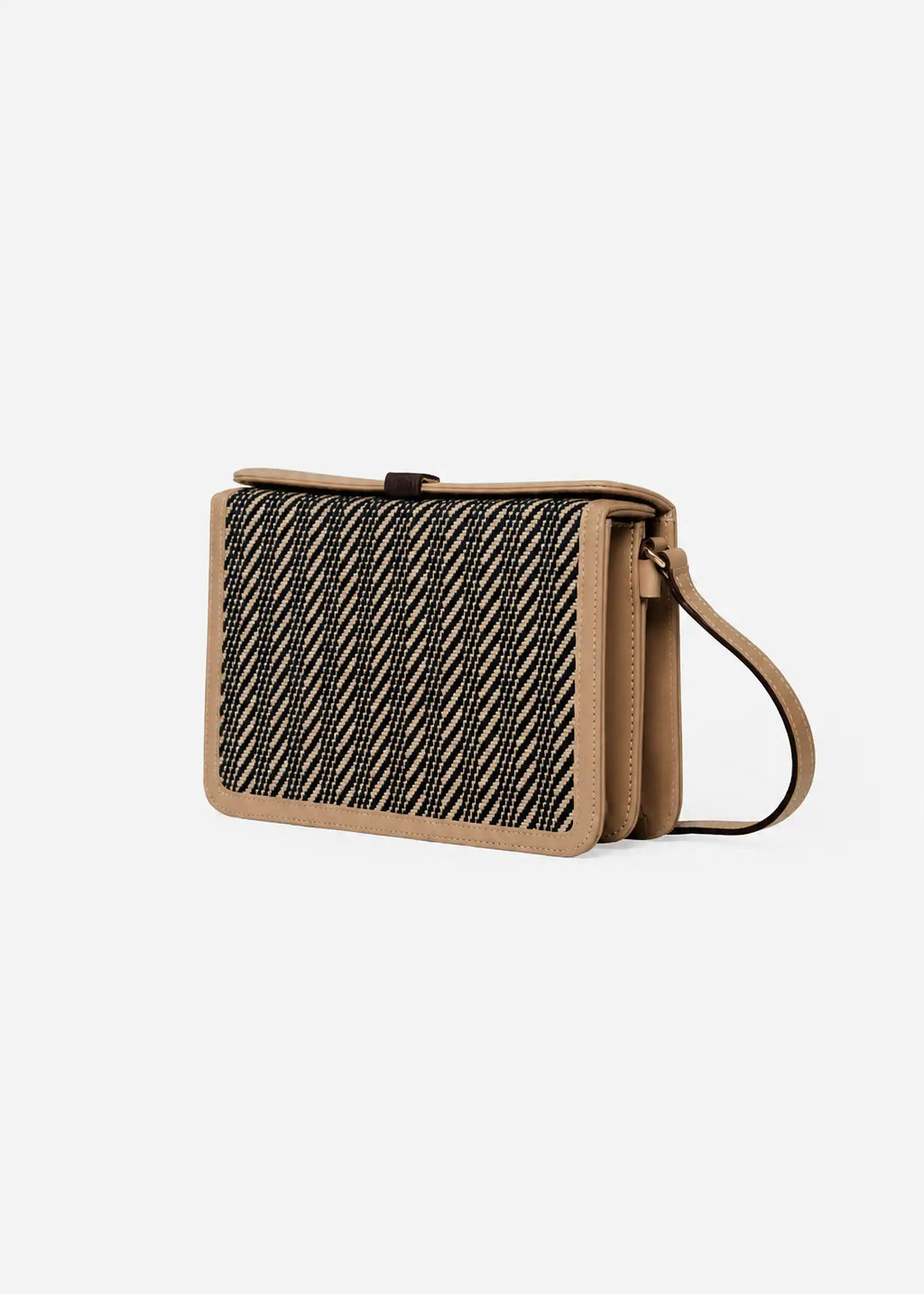 Zürich Twist Dusk crossbody bag front — handwoven cotton weave with beige nappa leather and reclaimed rosewood tab closure